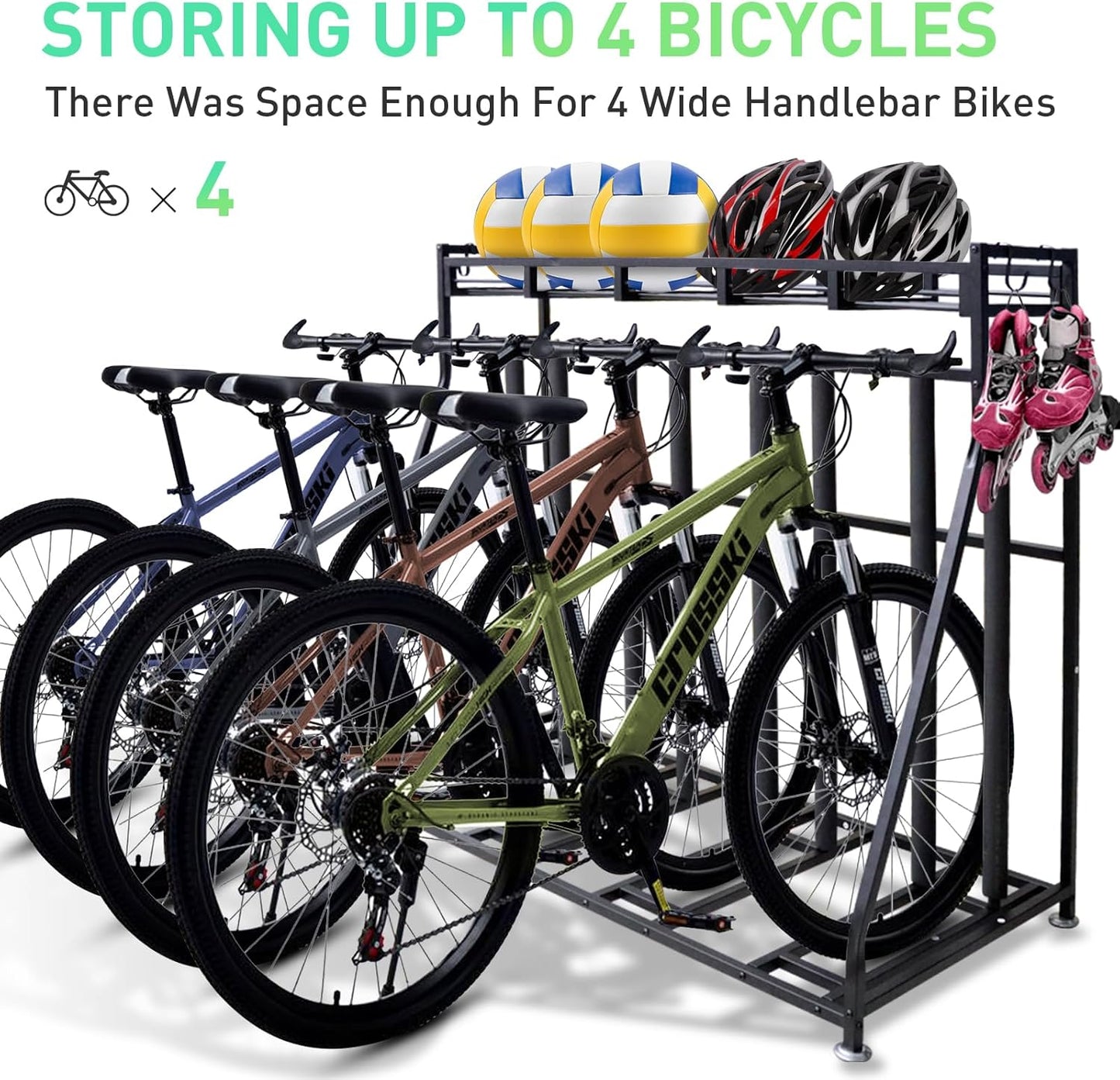 4 Bike Stand Rack with Storage – Bike Rack Floor Stand- Garage Organizer - 2024 Upgrade Tube Diameter 19mm with 8 Sponge Columns - Indoor Bike Storage for Parking Road, Mountain, Hybrid or Kids Bikes