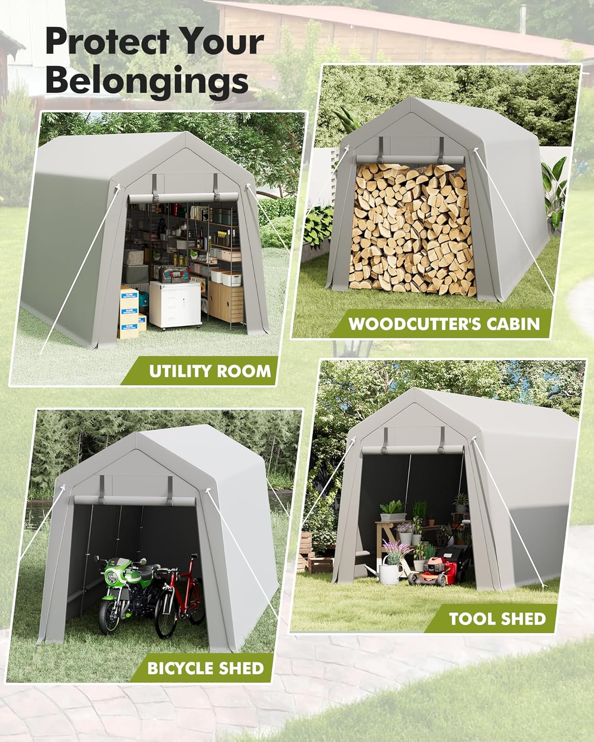 7 x 12 ft Carport Storage Shed, Portable Garage with Roll-up Zipper Door, Heavy Duty Waterproof Tarp, Storage for Motorcycle, Bike, Firewood, Garden Tools