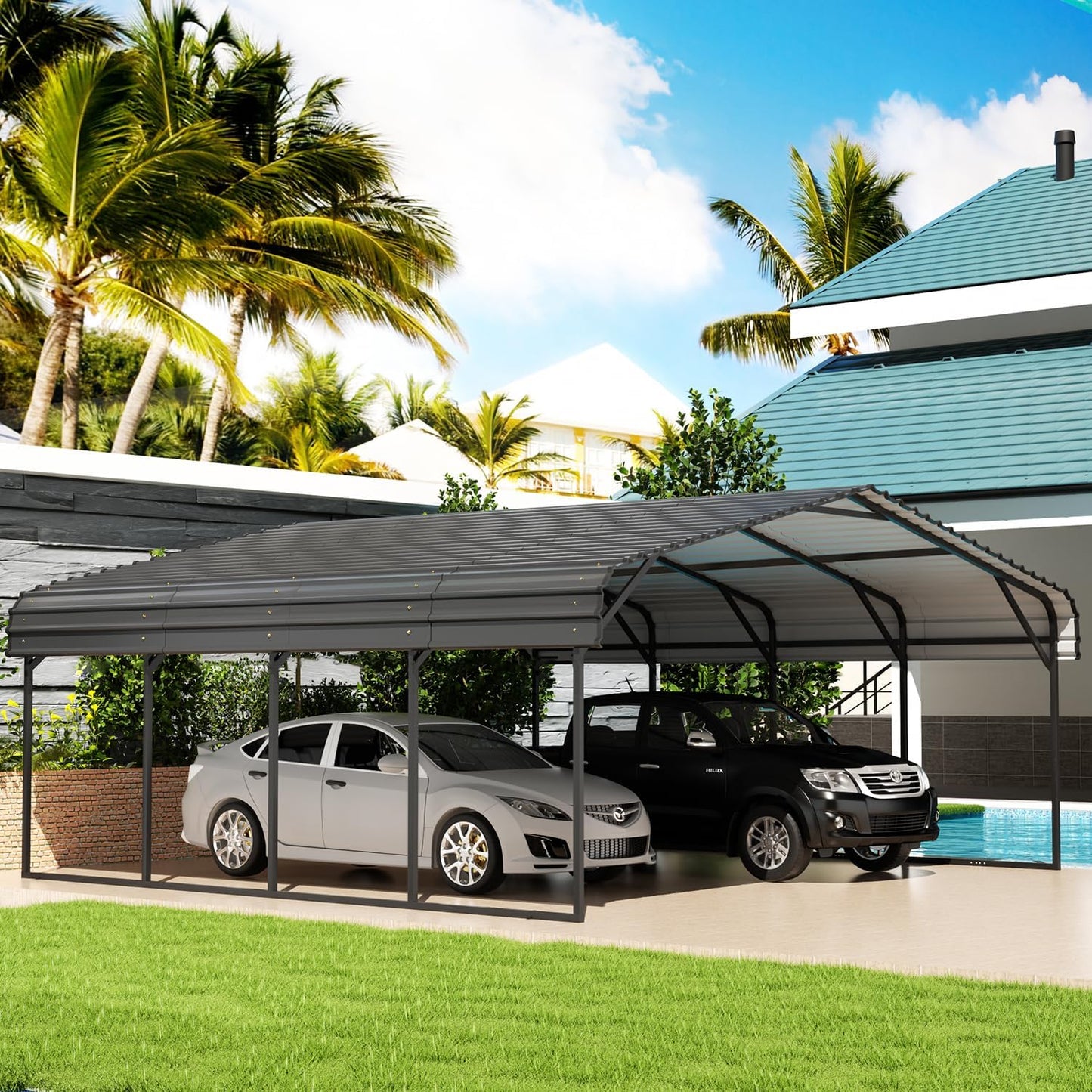 EBE 20' x 20' Outdoor Carport, Heavy Duty Metal Carports with Galvanized Steel Roof and Enhanced Base, Carport Canopy Car Shelter Shade for Cars, Ractor, Boat