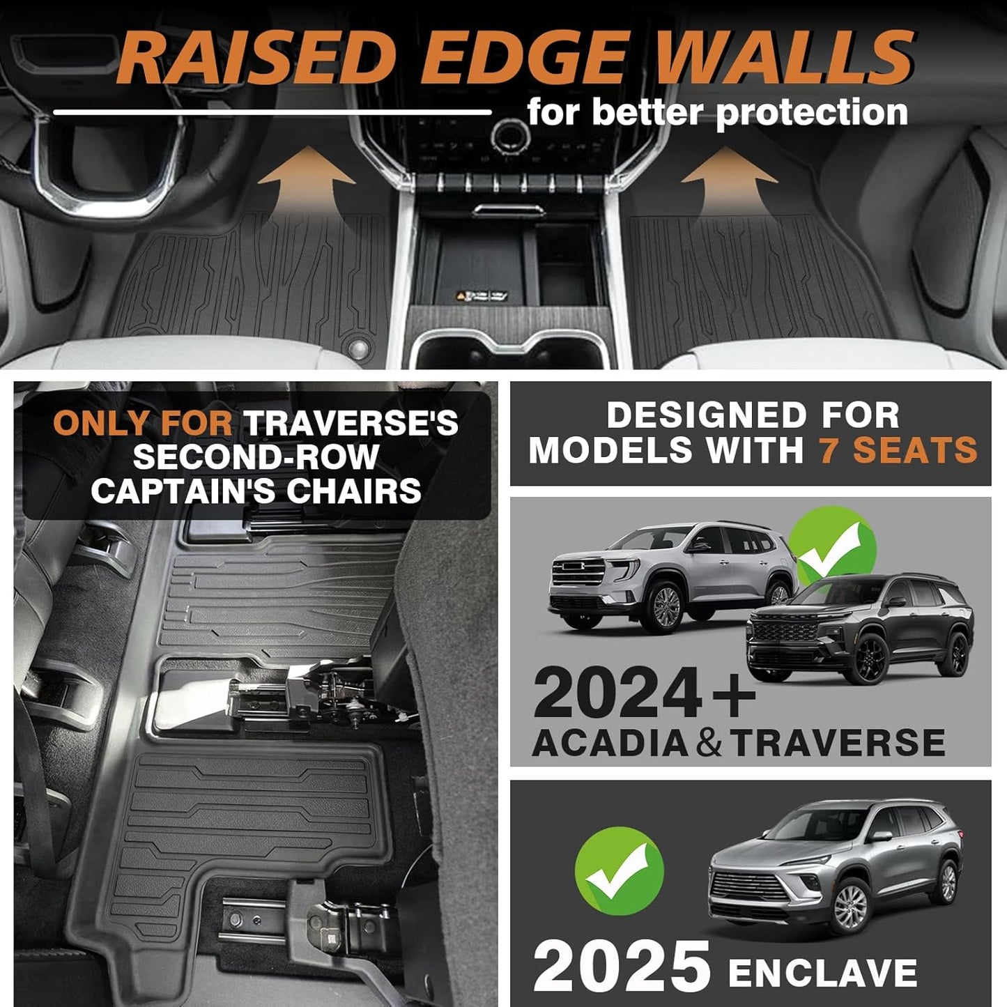 TripleAliners Floor Mats All Weather Compatible with 2024+ GMC Acadia/Chevy Traverse|2nd row captain's chairs/2025 Buick Enclave Accessories Full Set Floor Liners TPE Custom Fit Protector Car Mat 4-pc