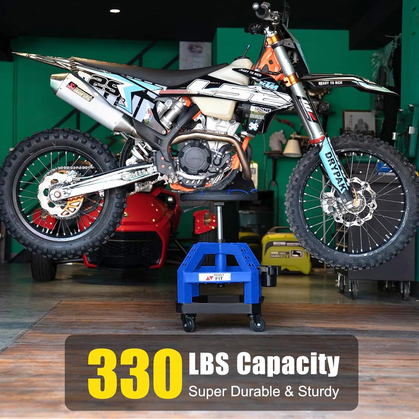 Rolling Shop Stool for Garage with Casters, DO02-Adjustable Height 360° Swivel Shop Seat with Tool Tray Storage, 330 LBS Capacity Padded Mechanic Stool, Magnetic Tool Hold, Heavy Duty, Blue