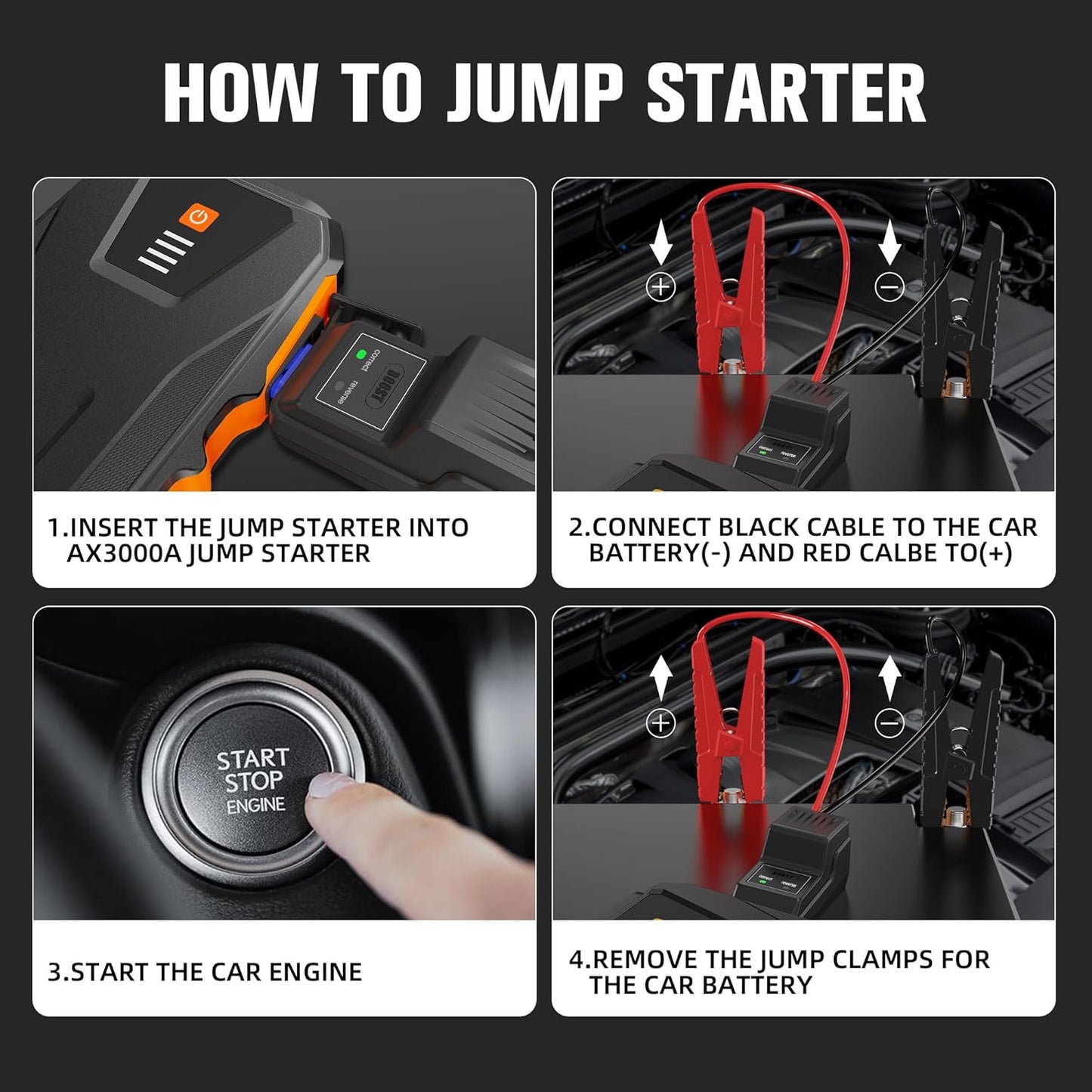 ASPERX 3000A Jump Starter for Car Battery, 12V Portable Jump Box with LED Light & Smart Jumper Cables, BMS for Up to 10.0L Gas or 8.0L Diesel Engines