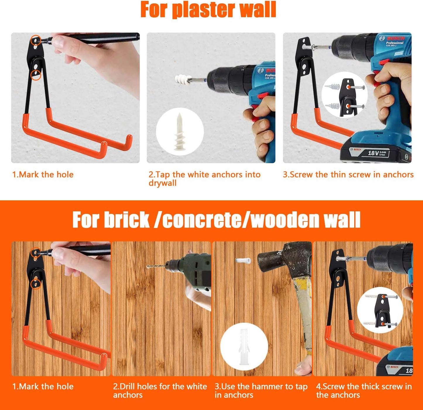 Heavy-Duty Garage Hooks -4 Pack Type large J - Anti-Slip Coated Wall-Mounted Hooks Wall Mount Storage Organizer for Hanging Power and Garden Tools, Ladders, Hose, Bikes, Ropes, Bulk Items, and More