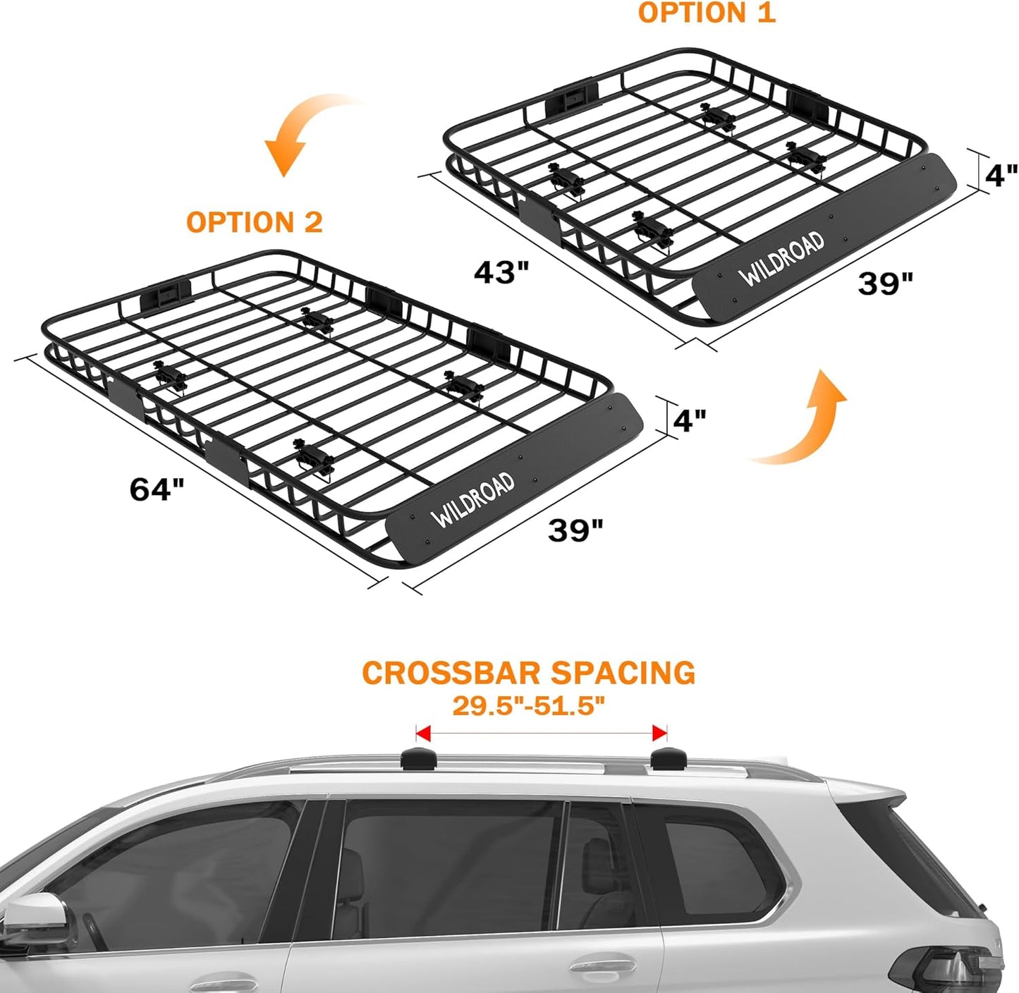 WILDROAD Roof Rack Cargo Basket, Upgraded 4” Fence Car Roof Basket with Extension, 64"x 39"x 4" Universal Car Top Luggage Holder Carrier Basket Fits for SUV Truck Cars