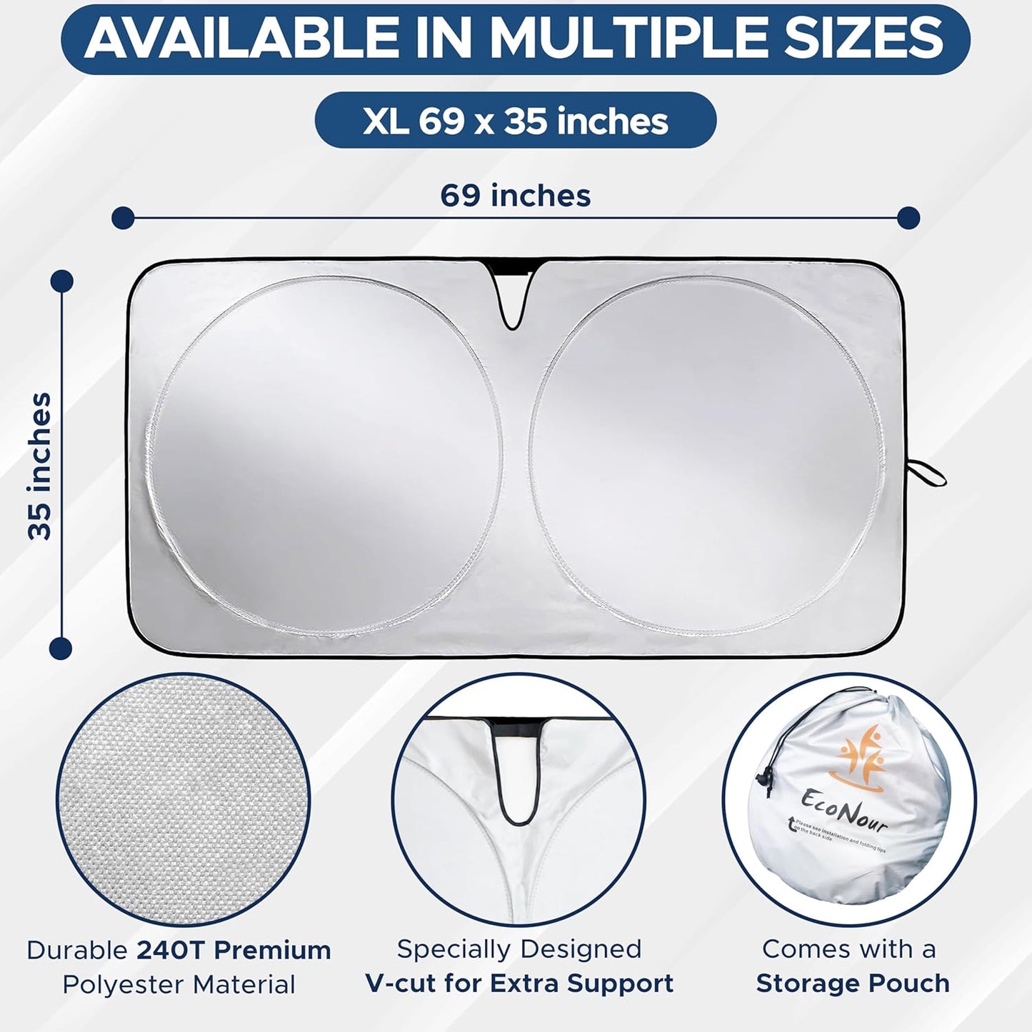 EcoNour Truck Windshield Sun Shade & Sun Block | Sun Shade for Windshield | Automotive Interior Accessories & Truck Window Shades for Heat & UV Protection | X-Large (69" x 35")