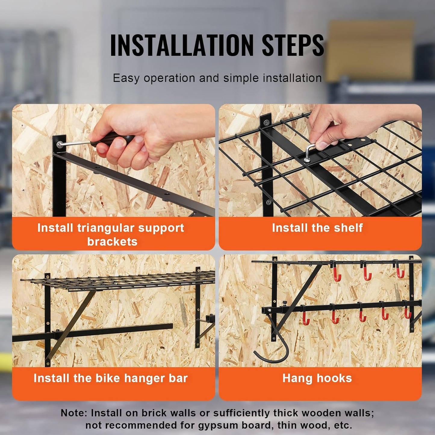 VEVOR Bike Storage Rack, 4 Bike Racks, Wall Mount Bike Storage Hanger with 2 Shelves, Home and Garage Organizer, Customizable for Various Bike Sizes, Adjustable Holder, Holds Up to 500 lbs, 63-inch