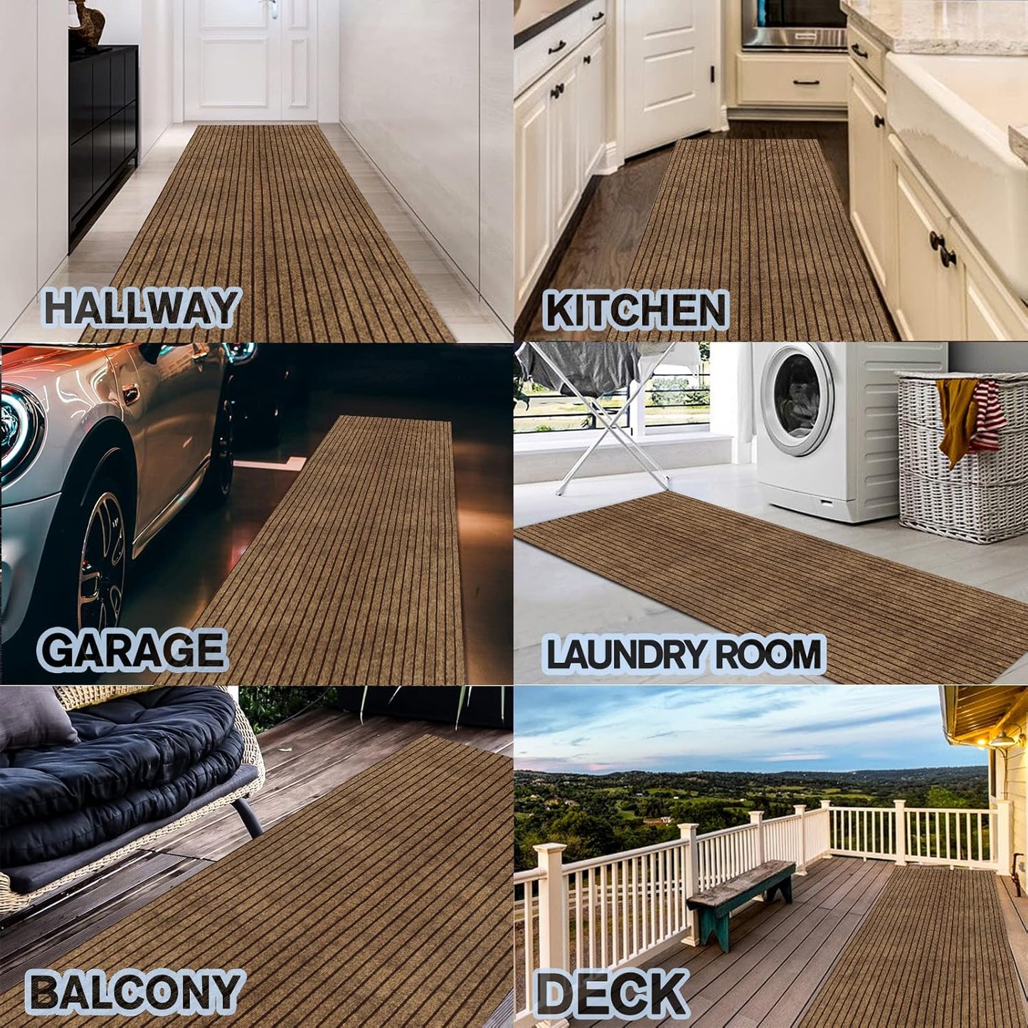 Custom Size Backed Non-Slip Area Rugs Runner, Easy Clean, Waterproof Runner Rugs for Hallway Entryway, Kitchen, Laundry, 3FT x 44FT, Brown Stripe