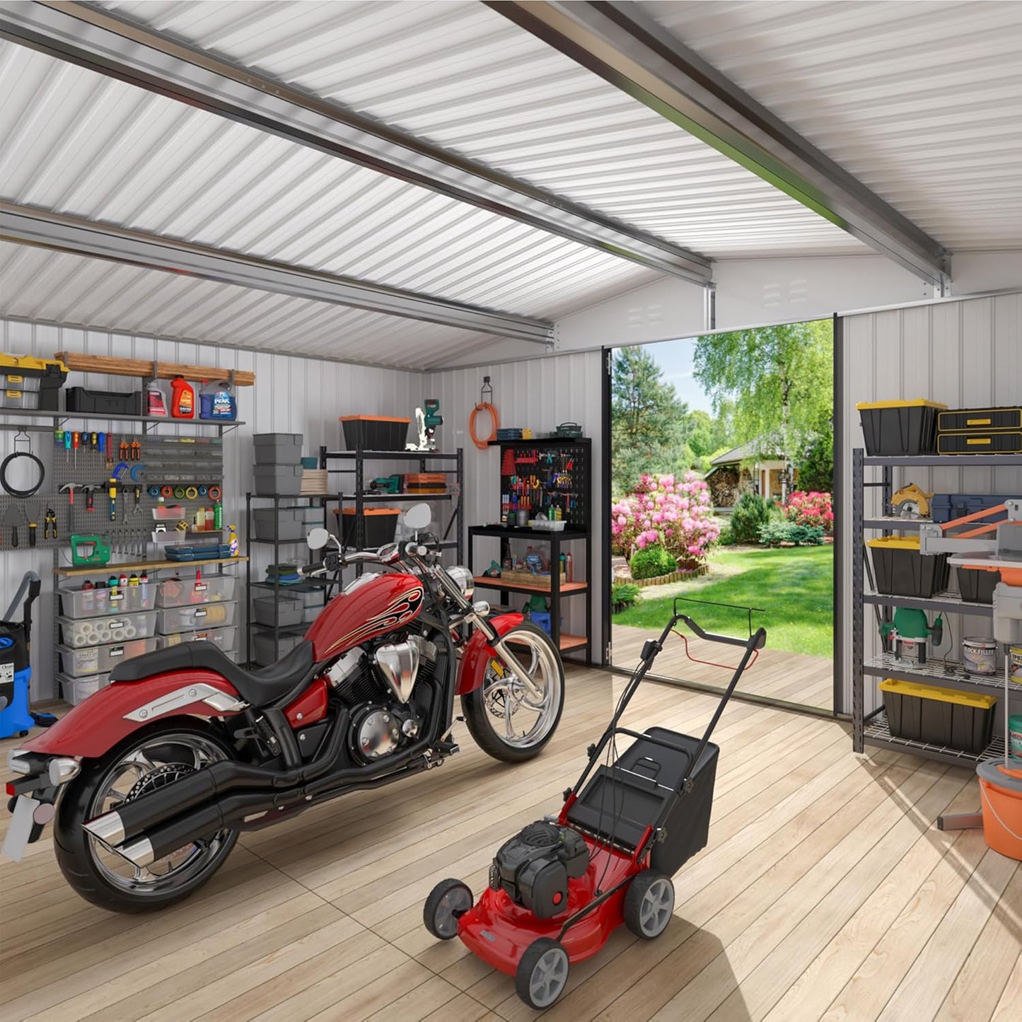 WKM 12x14 FT Outdoor Storage Shed, Utility Metal Tool Storage with Lockable Doors and Updated Frame Structure, Large Metal Garden Shed for Backyard, Patio Lawn, White