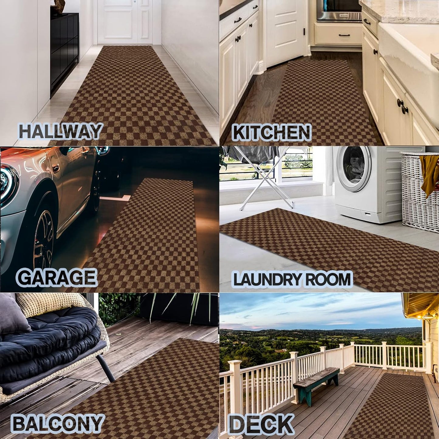 Custom Size Backed Non-Slip Area Rugs Runner, Easy Clean, Waterproof Runner Rugs for Hallway Entryway, Kitchen, Laundry, 2FT x 53FT, Brown Checkered