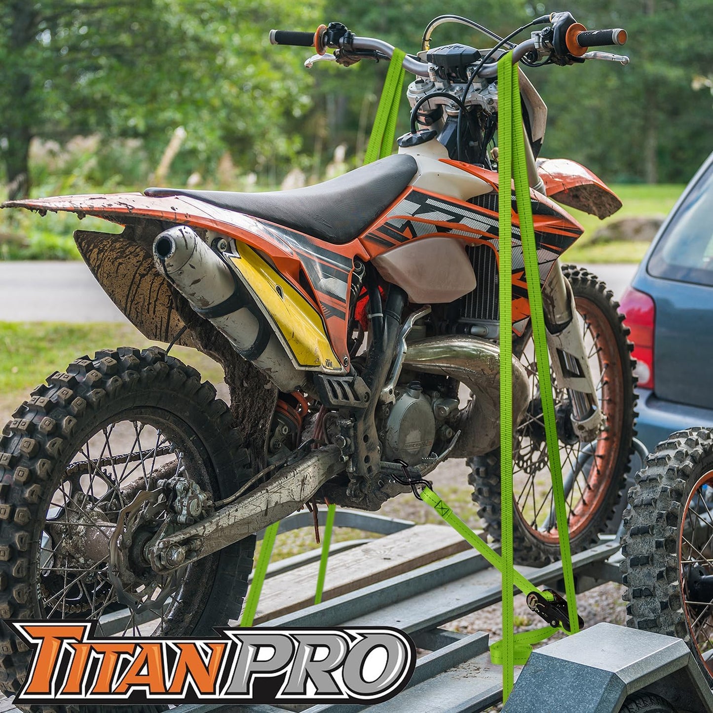 TitanPro Heavy Duty Ratchet Straps 4-Pack - 2,200lb Break Strength, 1" x 15' Rachet Tie Downs with Padded Handles - Heavy Duty, Truck, Motorcycle, Moving Straps (Green)