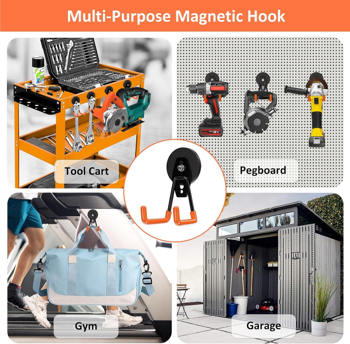 ENUODA Strong Magnetic Hooks Heavy Duty 4 Pack Magnet Garage Hook Heavy Duty Rare Earth Magnets Utility Storage Hooks for Hanging Ladder, Power Tool, Toolbox, Shovel, Broom, Extension Cord