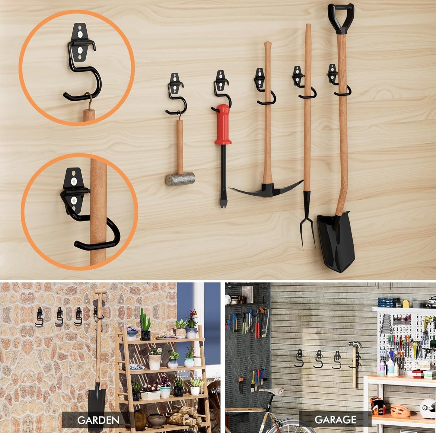 LIGHT DUST Broom Holder Wall Mount - 12 Pack Tool Hangers Garage Wall Hanging Organizer - Heavy Duty Metal Large S Hooks for Mop Shovel Rake Shed Garden Lawn Yard Handle Tools Organization (Black)