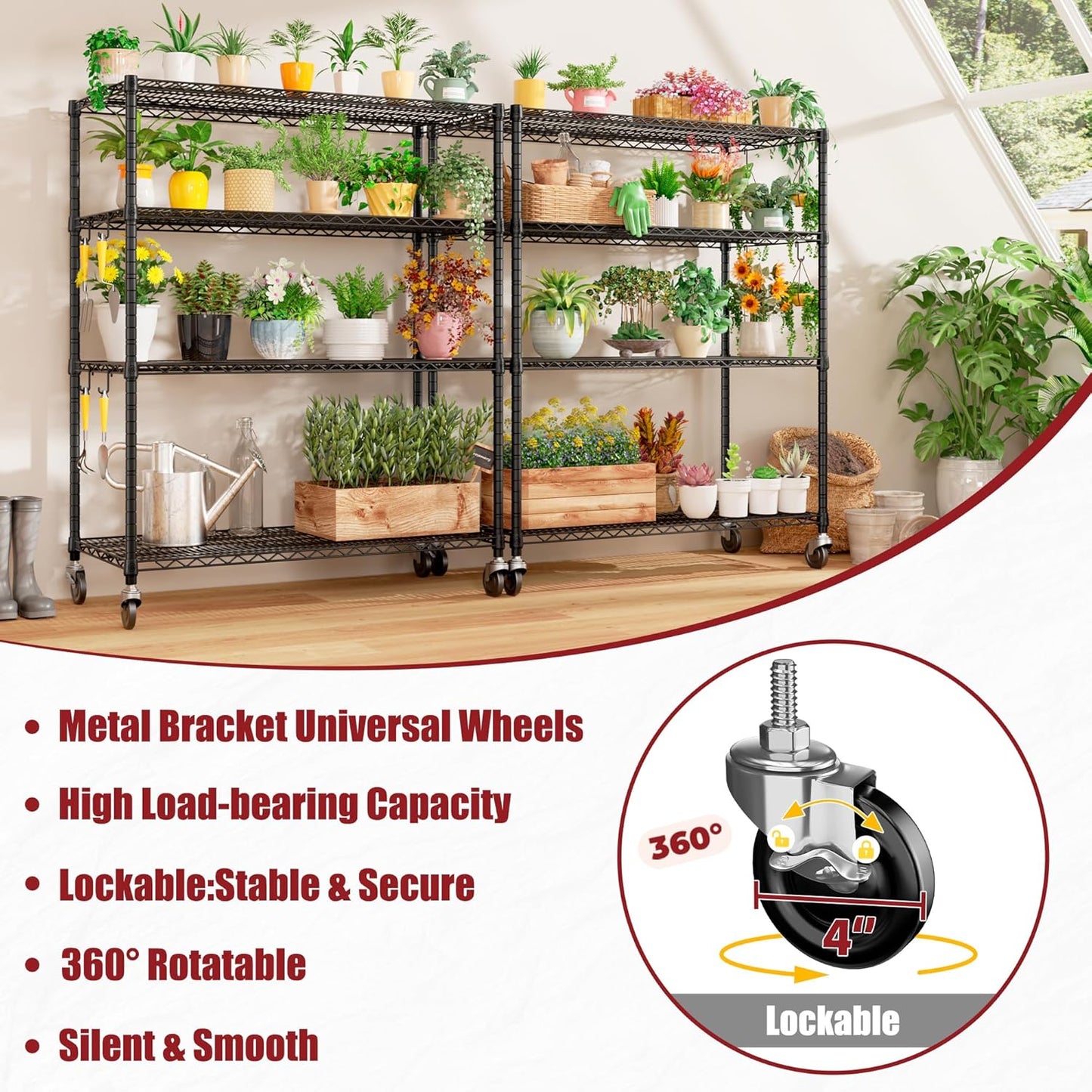 PrimeZone 5 Packs 55.5" W x 24" D x 80" H Heavy Duty Wire Storage Shelves with Wheels, 4 Tier Adjustable NSF Certified Garage Shelving Unit, Rolling Metal Organizer Shelf Rack for Warehouse, Pantry