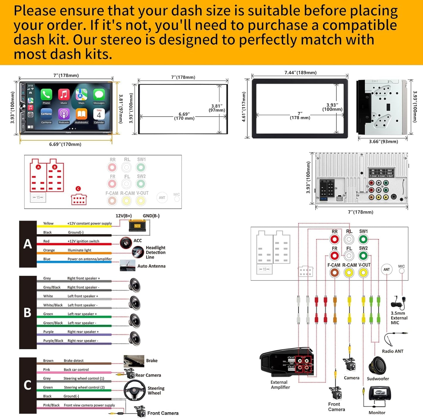 Double Din Car Stereo with Wireless Apple CarPlay and Android Auto, Bluetooth 5.3 Car Play, Mirrorlink, 7" HD Touchscreen, Backup Camera, 240W 4.2 CHN 2 Subwoofers Outputs, AM/FM Car Radio