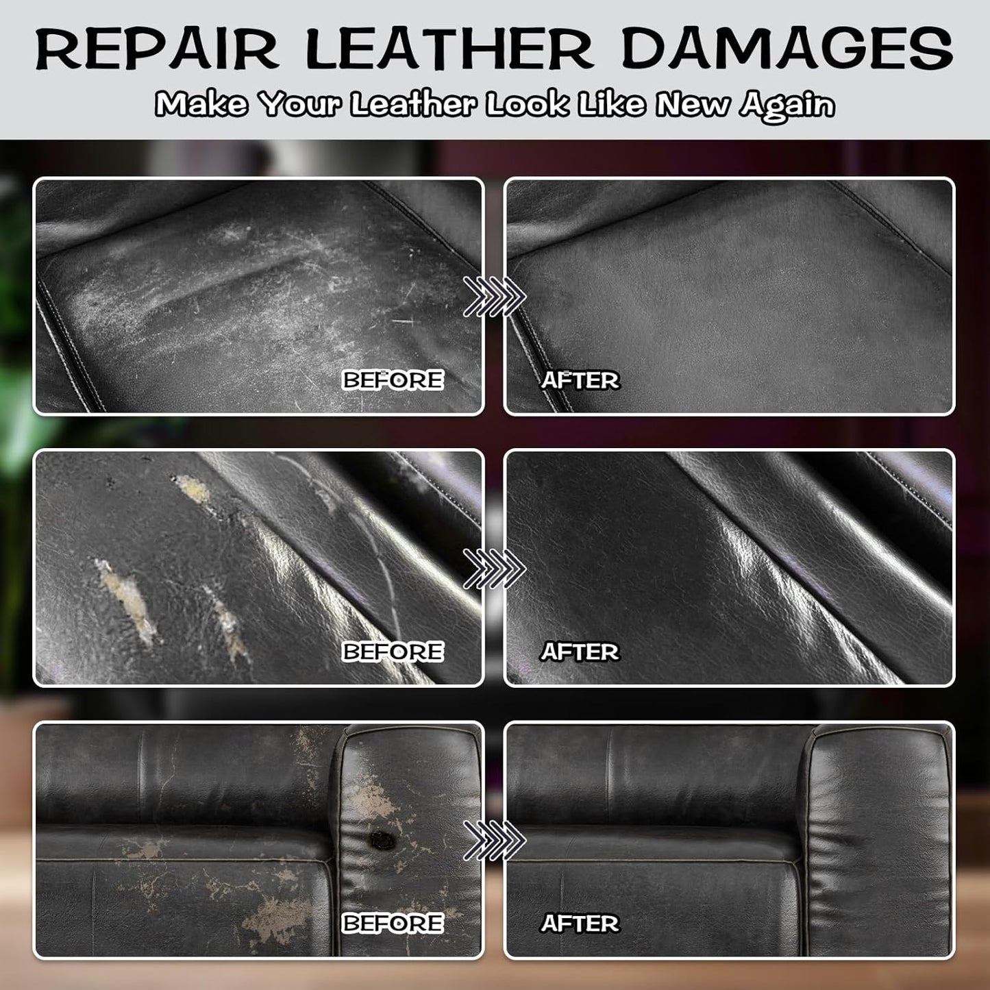 Black Leather & Vinyl Repair Kit, Fix Fading, Tears, Scratches, and Peeling on Leather and Vinyl Furniture, Car Seats, and Jackets, Easy Instruction with Color Mixing Guide