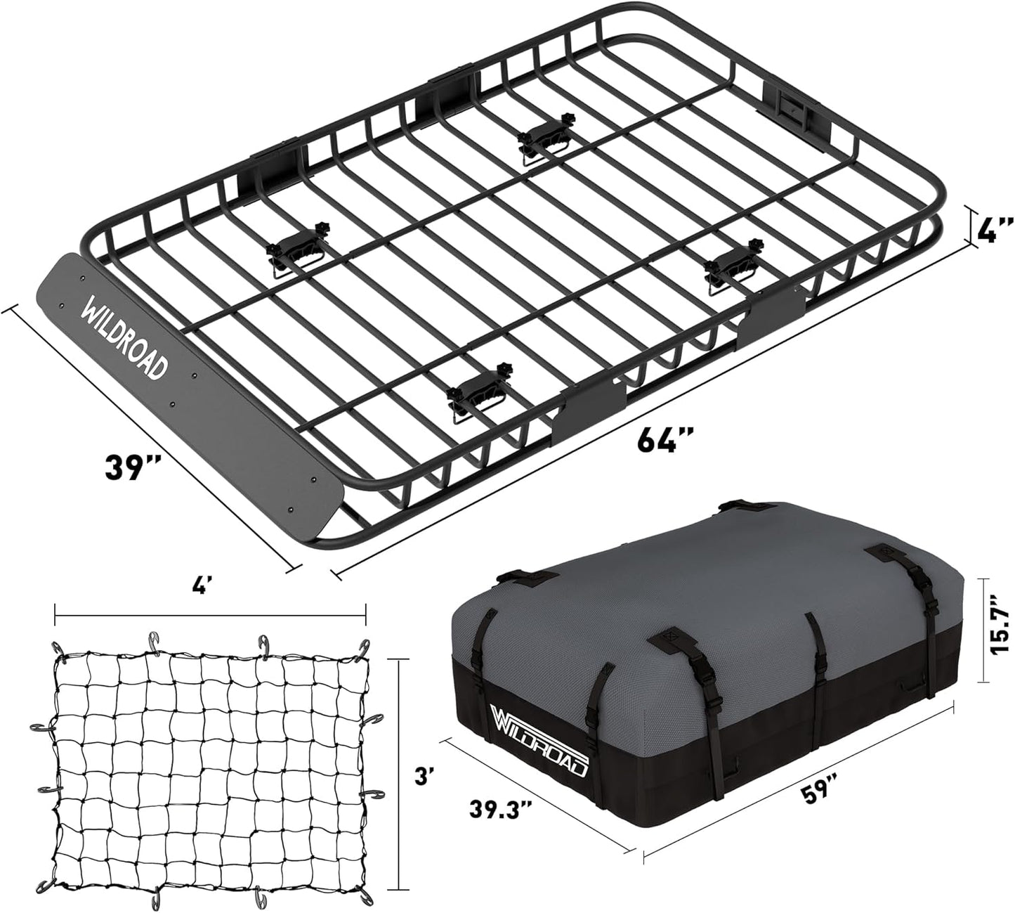 WILDROAD Car Roof Cargo Carrier Combo of Upgraded 64"x 39"x 4" Roof Rack Cargo Basket with 21 Cubic ft Ultra Waterproof Anti-Tear Fabric Cargo Carrier Bag and Super Duty Bungee Cargo Net