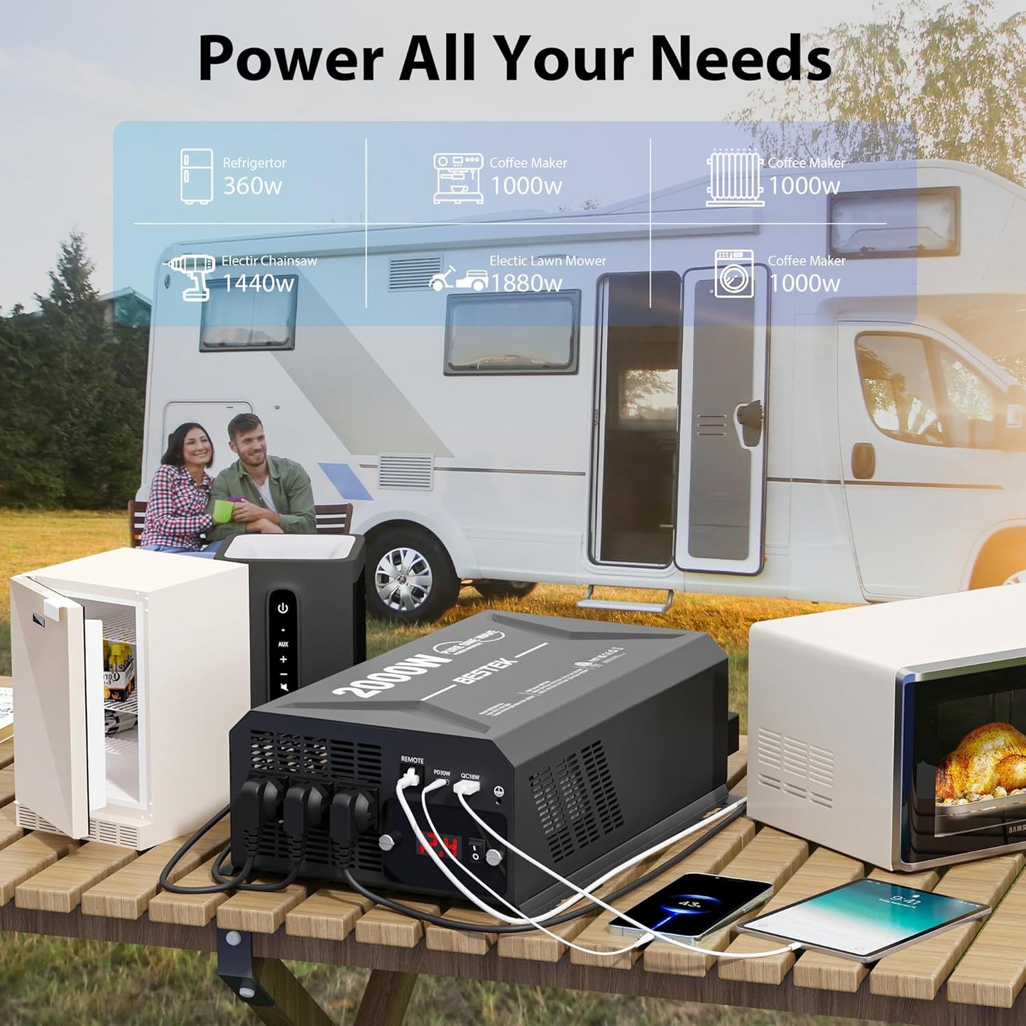 2000 Watt Pure Sine Wave Power Inverter, 12V DC to 110/120V AC Inverter with 3 AC Outlets, Remote, PD 3.0 USB Port, QC 18W, Remote Controller, LED Display,For RV Solar Systems,Semi Truck,Vehicles,Boat