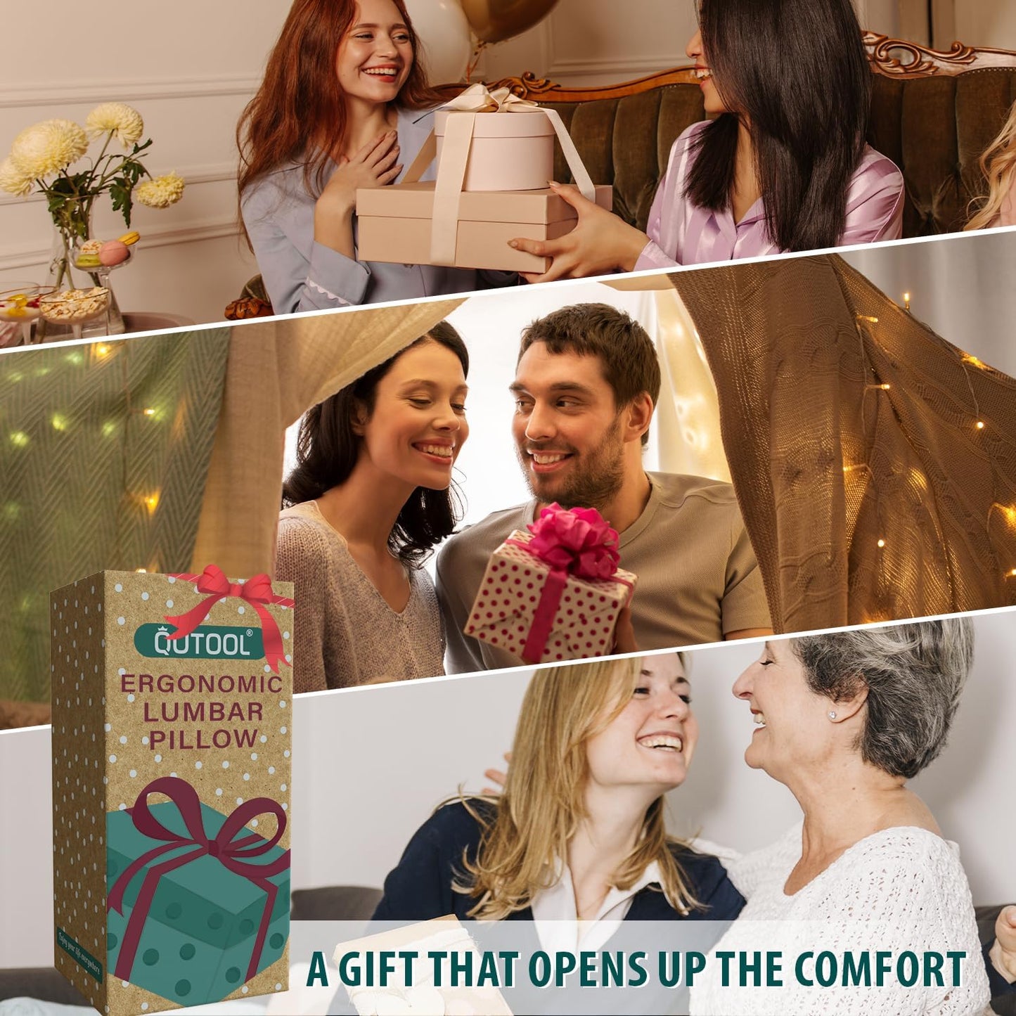 QUTOOL Lumbar Support Pillow with DIY Gift Box - Birthdays Gifts for Women Men, Ergonomic Back Support with Breathable 3D Mesh Cover, Suited for Office Chairs, Gaming ChairsοΌCar, Home Use (Black)