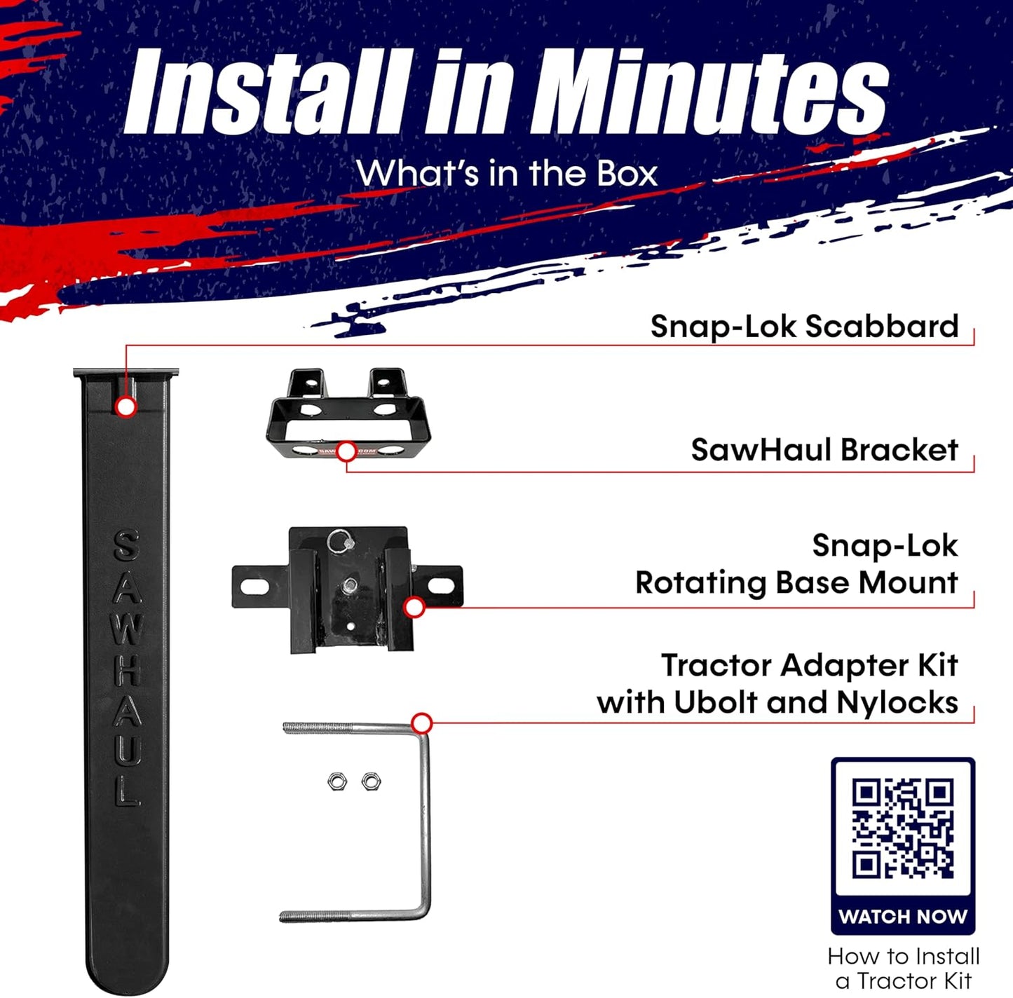 SawHaul Snap-Lok Universal Chainsaw Carrier Kit for Tractors and Skid Steers – 36 Inch Black Scabbard with Rotating Mount – Compatible with All Chainsaw Brands – Made in USA