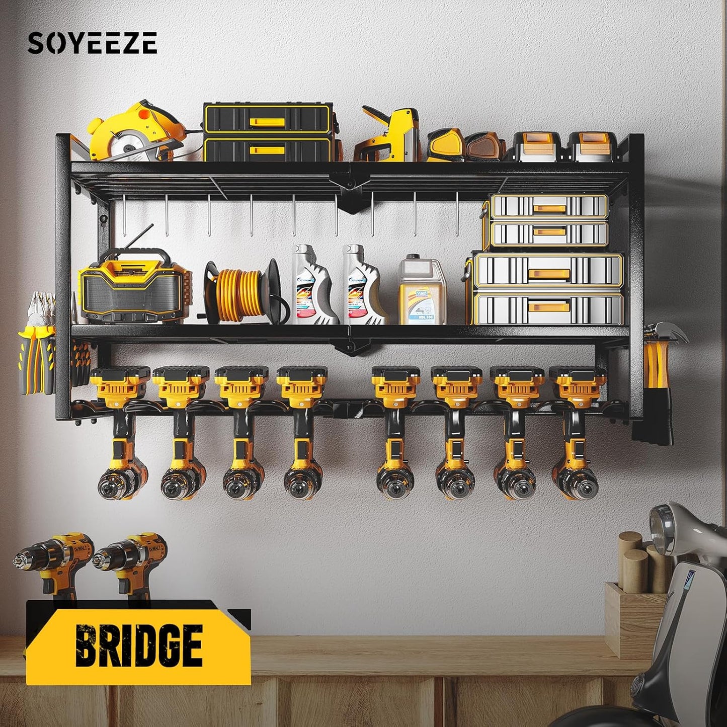 SOYEEZE Power Tool Organizer - 8 Drill & Screwdriver Wall Mount, 3 Layer Storage Rack with Hammer & Plier Holder