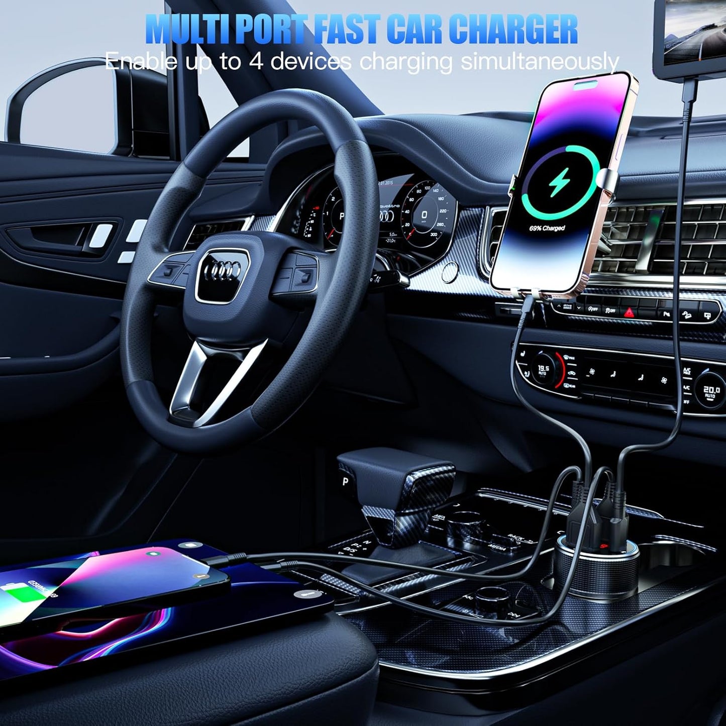 Car Charger with USB C Cable, 78W 4 Port Car Phone Charger Adapter Fast Charging, Dual USB C Car USB Adapter for iPhone 16 15 14 13 12, iPad, Samsung Glaxy, Android (Black & Cable)