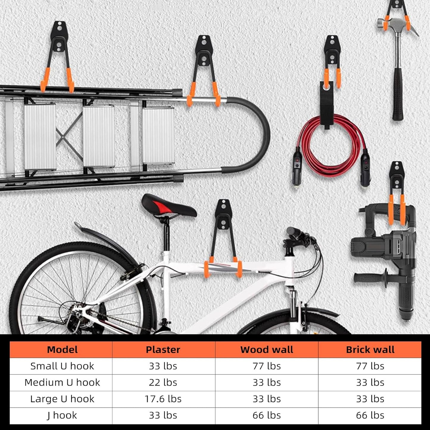 Garage Hooks, 4 Pack Wave Hooks for Hanging Heavy Duty Ladders, Bikes, Tools Ideal for Garage, Garden, Basement Utility Room Storage (Orange)