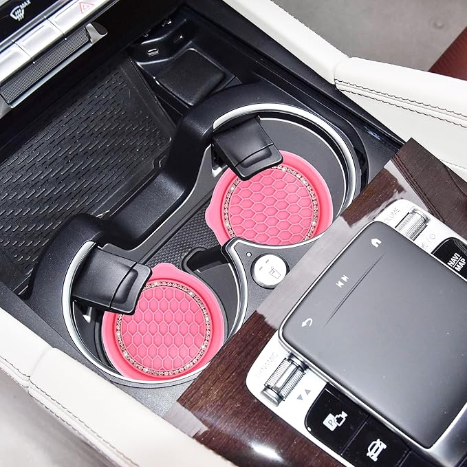 Amooca Car Cup Coaster Universal Non-Slip Cup Holders Bling Crystal Rhinestone Car Interior Accessories 4 Pack Peach Pink