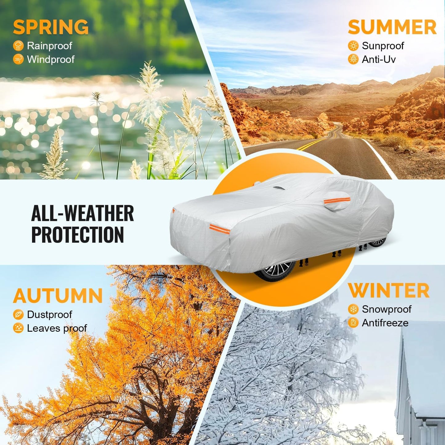 30 Layers Car Cover for Automobiles All Weather Waterproof, Outdoor Snowproof UV Protection Windproof, Door Zipper, Soft Cotton, Heavy Duty Universal Car Covers, (Silver, Fit Sedans 171"-180")