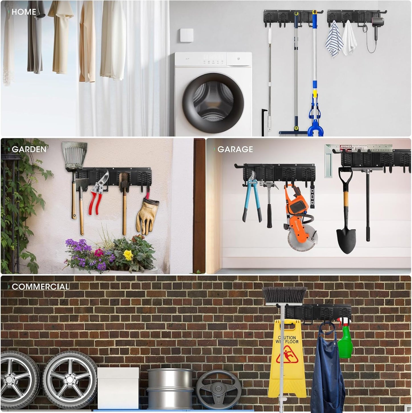 Garage Tool Organizer Wall Mount, Heavy Duty Garage Organization Tool Storage Utility Rack, Sturdy Storage Rack Hanger with Adjustable Hooks, Garden Tool Organizer for Shovel, Rake, Folding Chair