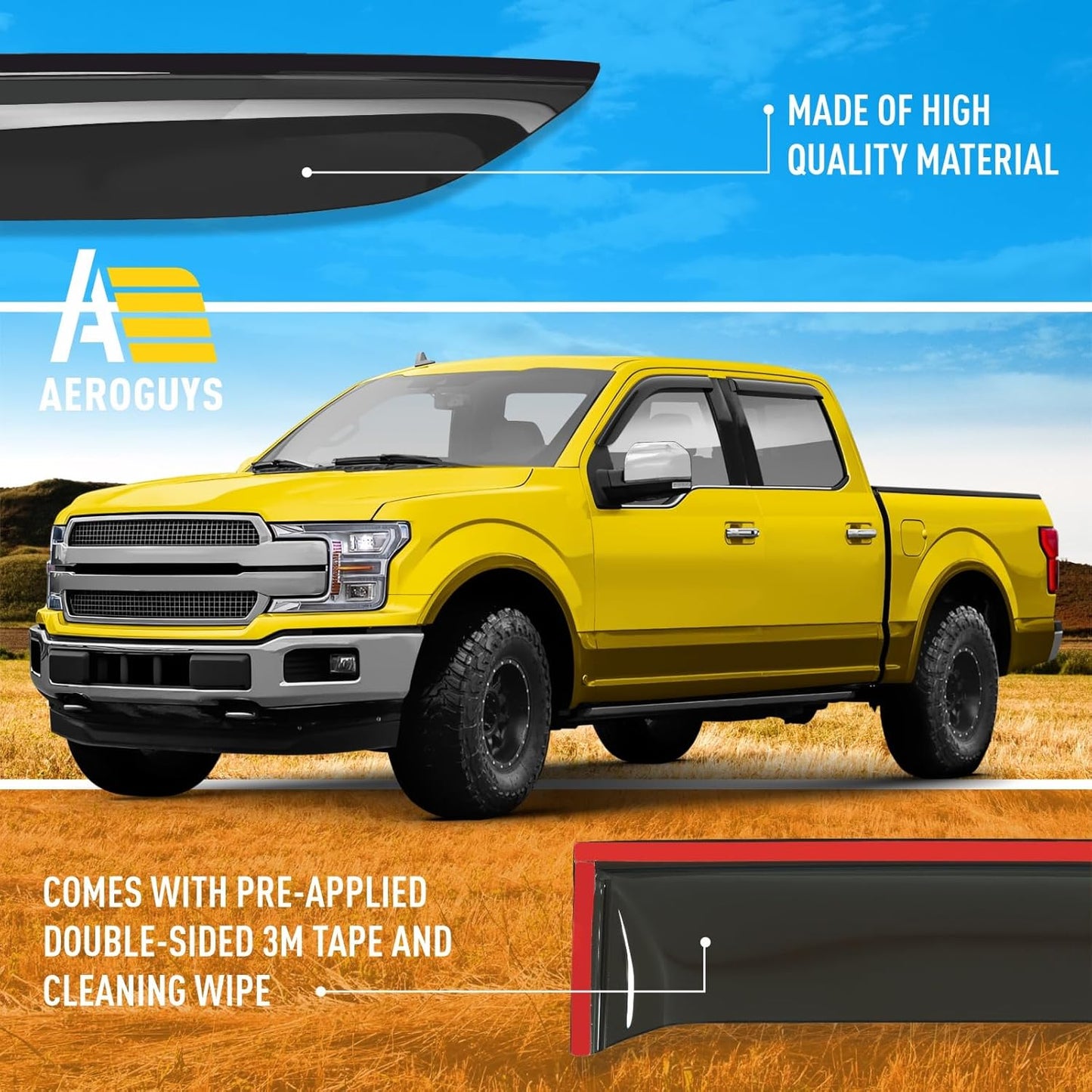Extra Durable Window Deflectors Tape-On Window Visors Rain Guards Fit for Ford F150 2015-2025 SuperCrew, Sun Visors, Wind Vent for Shades, Exterior Car Accessories - 4pcs. AG0050