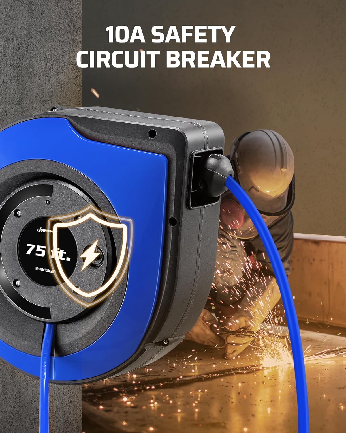 DEWENWILS Retractable Extension Cord Reel, 75 FT Heavy Duty Power Cord, 14/3C SJTOW Retractable Cord Reel, Lighted Triple Outlets, 10A Circuit Breaker, Wall/Ceiling Mount, UL Listed, Blue