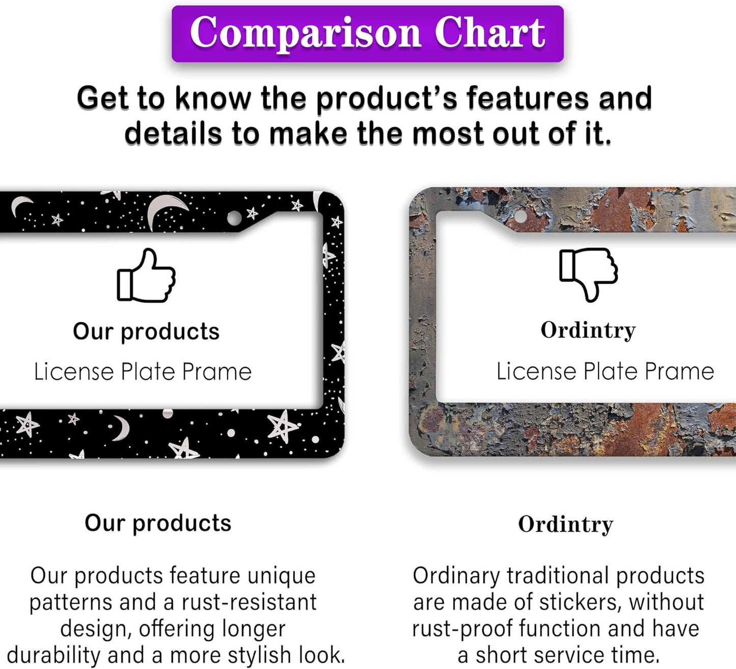 License Plate Frames Black and White License Plate Covers Night Moon Star Black Print Aluminum Metal Car Accessory 2 Pack with Screw Covers Set