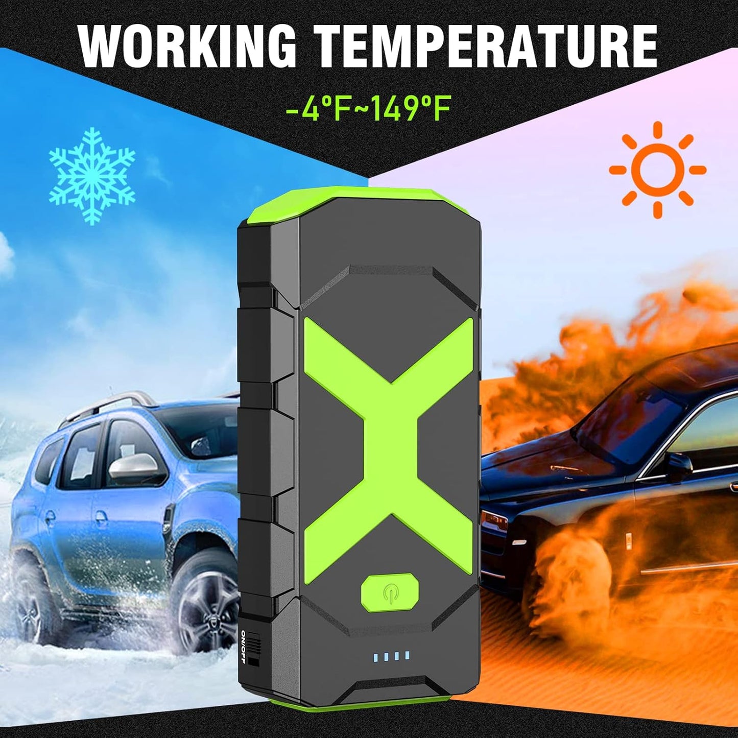 BOOKOO Jump Starter 2000A for Car/Boat/Lawnmower(8.0L Gas/6.5L Diesel Engine) Portable 12V Car Battery Jump Starter with Cables,Wall Charger,USB 3.0 Fast Charging,16V DC Output,3 LED Modes