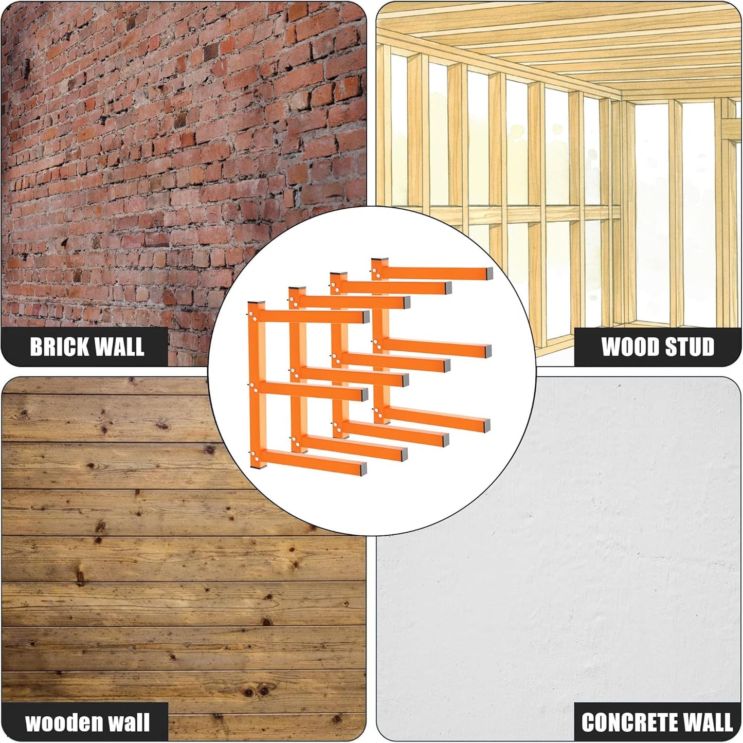 UNITEDPOWER Wall Mount Wood Organizer, Lumber Storage Rack, Heavy Duty Metal Shelf with 6-Level for Workshop or Garage, Indoor Or Outdoor Use-4 Hook