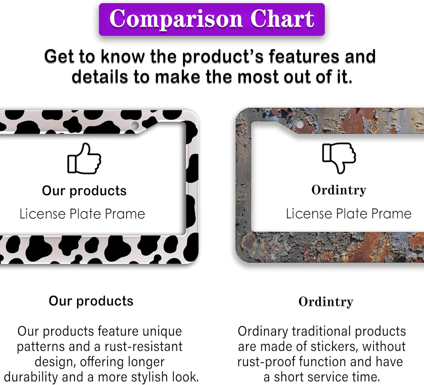 License Plate Frames Black and White License Plate Frame Animal Cow Print White Black Spot Design Universal Aluminum Car Accessory 2 Pack with Screw Covers Set