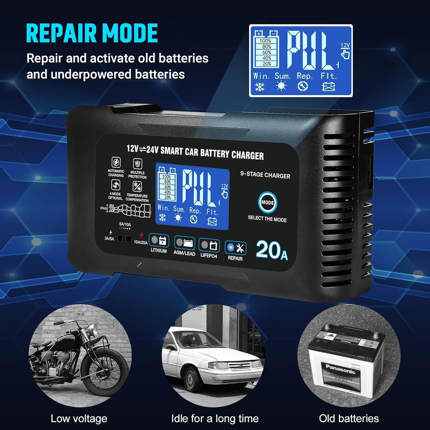 Battery Charger 0-20A 12V/24V Lithium LiFePO4 Lead Acid Fully Automatic Maintainer, Smart Car Battery Charger,Trickle Charger w/Pulse Repair for Trucks,Boats,Motorcycles,Deep Cycle Batteries 