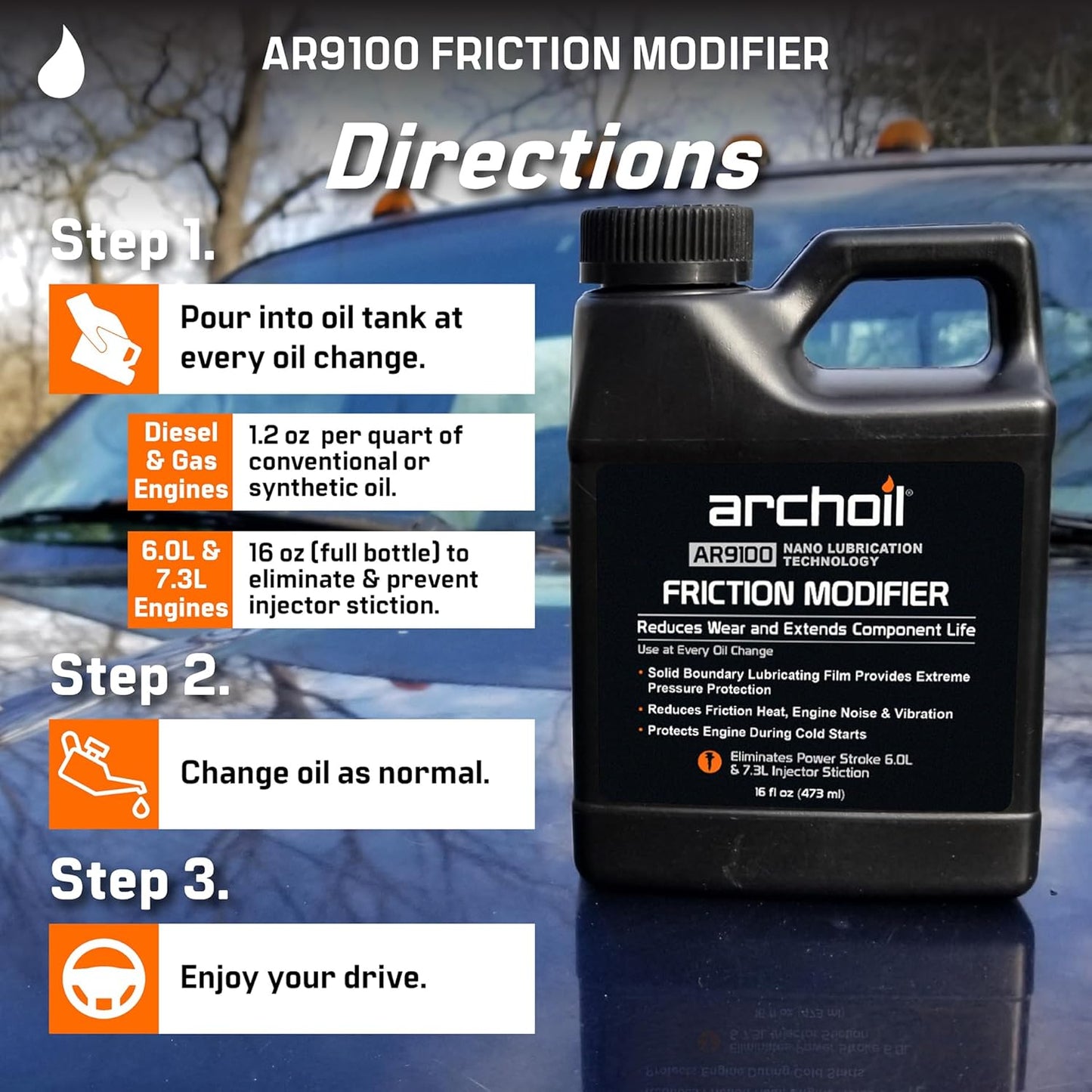 Archoil AR9100 Oil Additive (16oz) for All Vehicles - Powerstroke Cold Starts, Eliminates Injector Problems