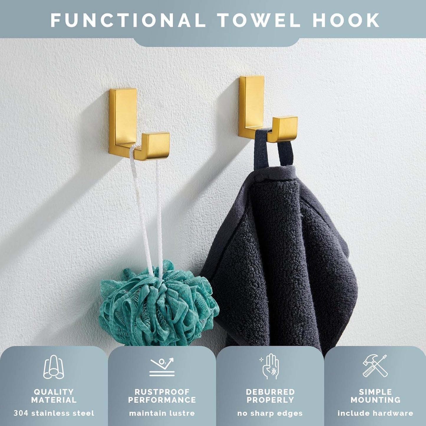 Angle Simple Towel Hook Brushed Gold 2 Pack, 304 Stainless Steel Robe Hook for Bathroom