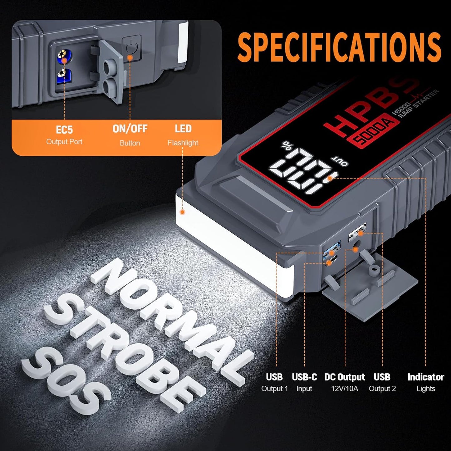 Car Jump Starter - 5000A Peak Jump Starter Battery Pack for Up to All Gas and 10.0 L Diesel Engines, 12V Portable Battery Jump Starter with 3.0" LCD Display