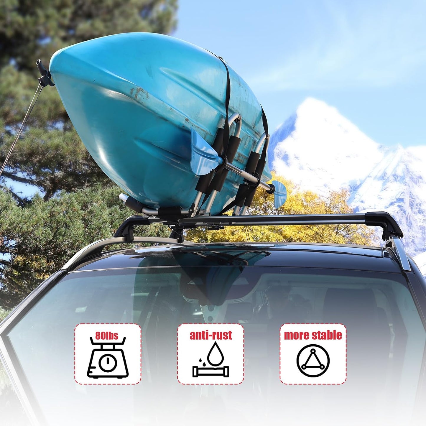 FORWODE Kayak Roof Rack, 2 in 1 Aluminum 1 Pair J-Bar Roof Rack, Folding Adjustable Rack, Weight 80 LBS Heavy Duty Kayak Roof Carrier 1 Kayak, Canoe, SUV, Surfboard on SUV, Car and Truck Crossbar