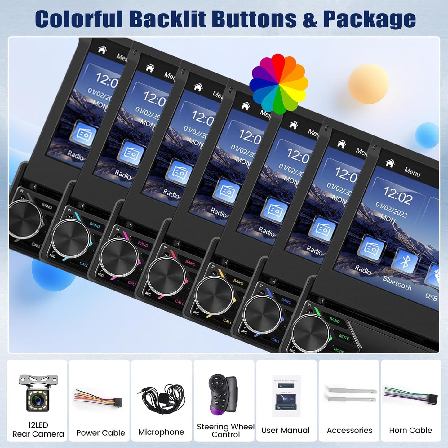 Single Din Touchscreen Car Stereo with Wireless Carplay&Android Auto,7 Inch Car Radio Flip Out MP5 Play with BT FM Radio EQ Mirror Link Car Audio with USB/TF/AUX-in SWC+Backup Camera+Microphone