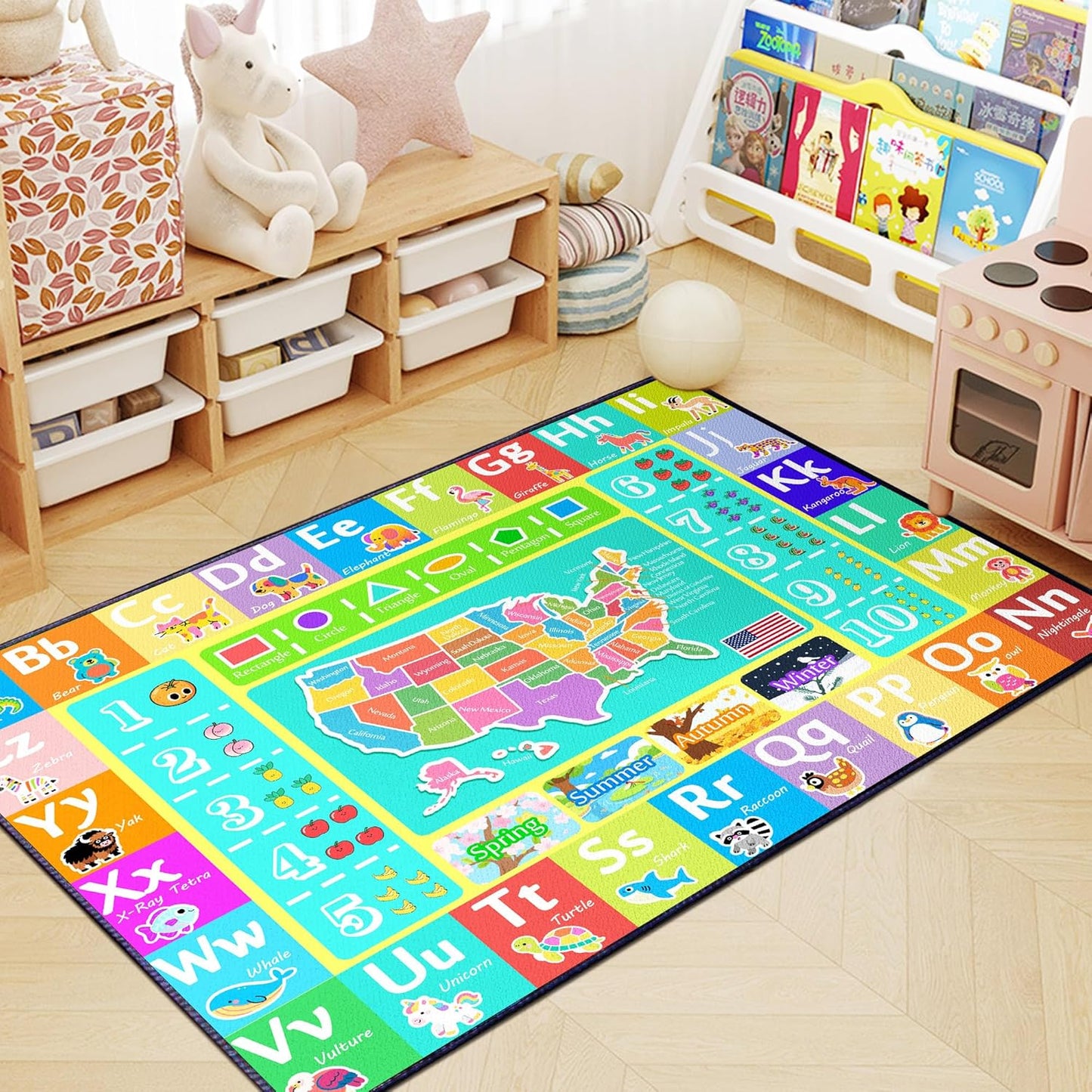 ABC Rug for Kids Playroom, 59"x39" Washable Classroom Area Rugs, Educational Learning Mat with Alphabet Numbers Animals Seasons Shapes for Classroom Preschool Playroom