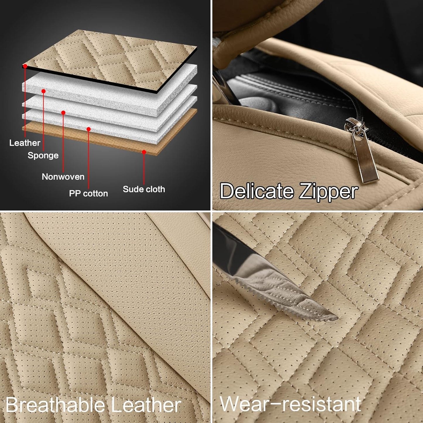 Pariitadin Leather Car Seat Covers Full Set, Waterproof Breathable Faux Leather Automotive Seat Covers for Cars, Non-Slip Car Interior Covers Universal Fit Most Cars Sedans Trucks SUVs, Beige