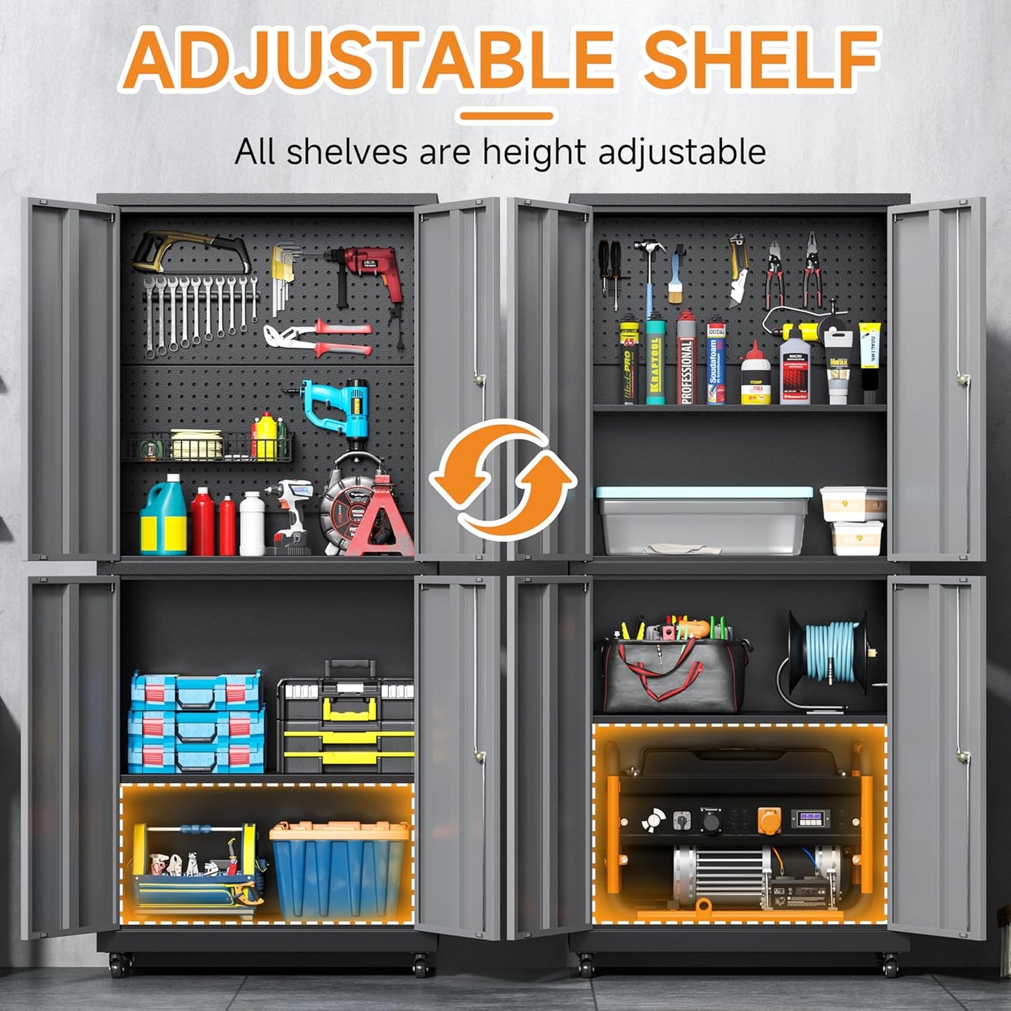 71" H Metal Tool Storage Cabinet with Lock and Wheels, Heavy Duty Garage Cabinet with 4 Doors and 2 Adjustable Shelves, Tool Organizer with Pegboard for Garage, Warehouse (Black&Gray, 71" H)