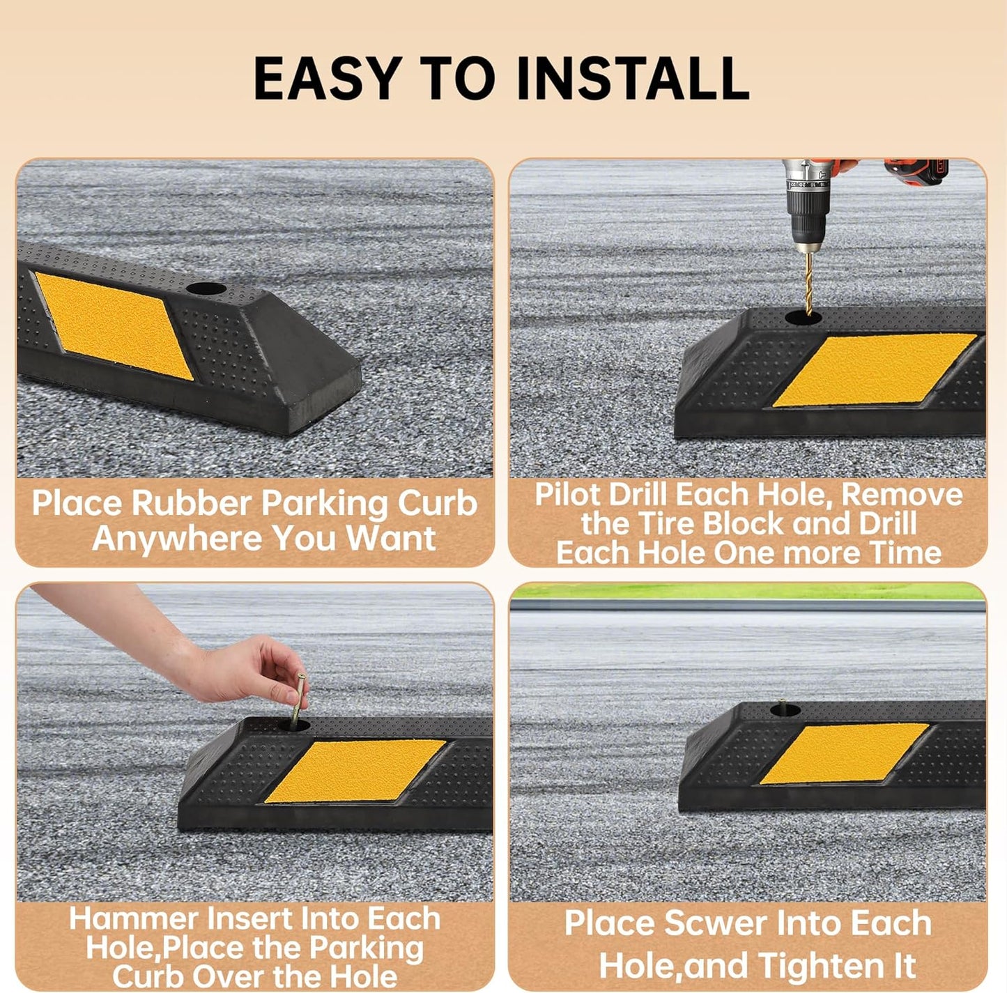 Pack of 2-72" Parking Stoppers for Garage, Heavy Duty Rubber Parking Curb with Reflective Stripe, Garage Floor Wheel Stopper for Car Vehicles Truck, Installation Kit Included