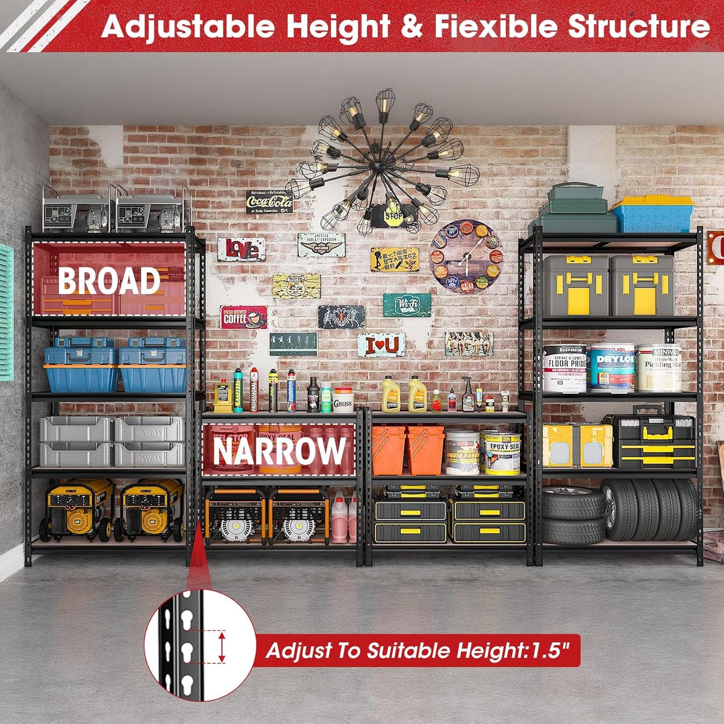 2 Pack 5 Tier Garage Shelving Unit, 72" H x 35.55" W x 16" D Metal Storage Shelves Heavy Duty, Adjustable Garage Storage Utility Rack for Kitchen Pantry Basement Bathroom Closet