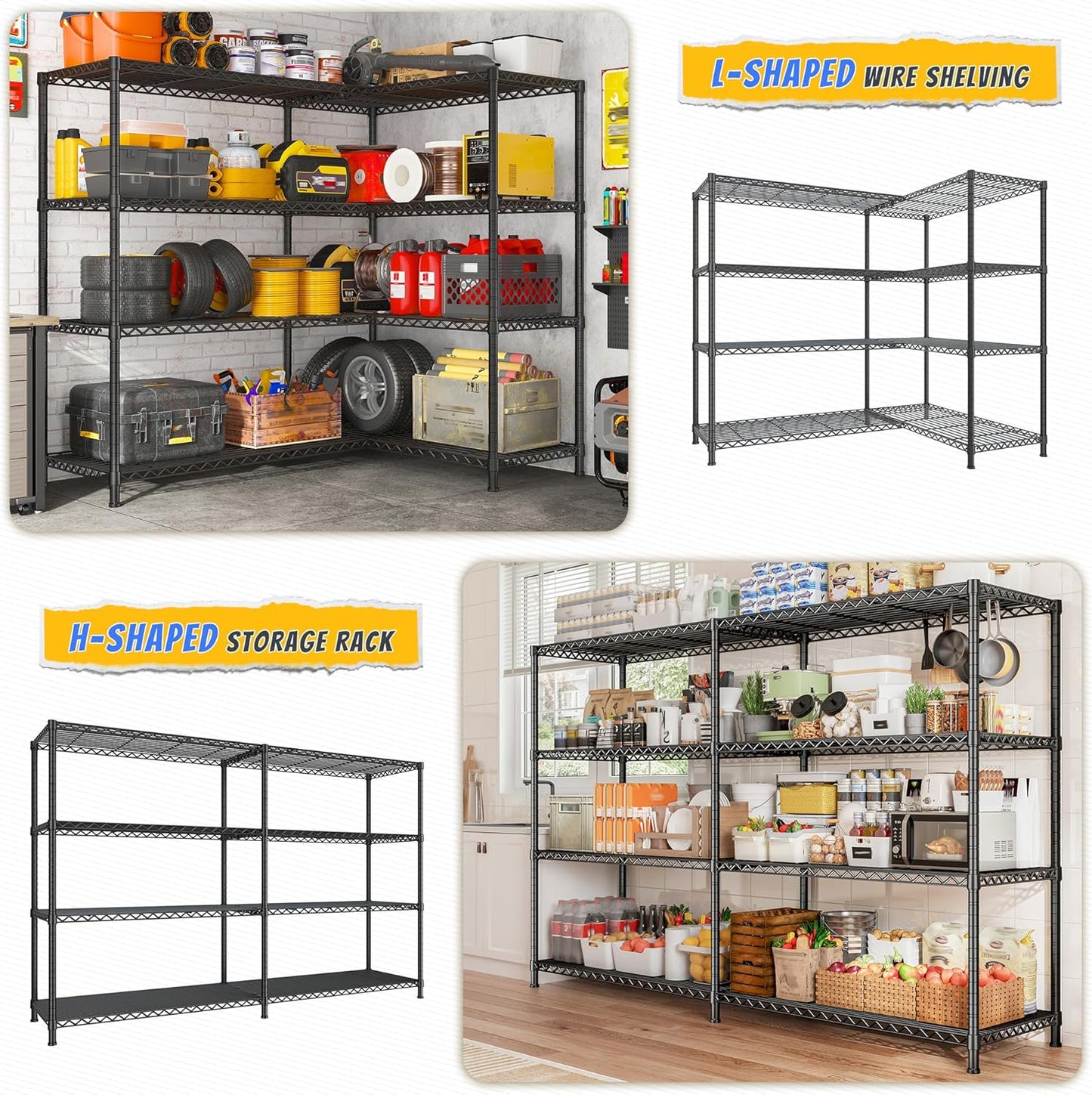 REIBII 72.8" W Storage Shelves Load 1500LBS, 4 Tier Metal Shelving Unit Wire Shelving for Storage Rack Heavy Duty Metal Shelves for Garage Pantry Kitchen, 17.7" D x 72.8" W x 59" H