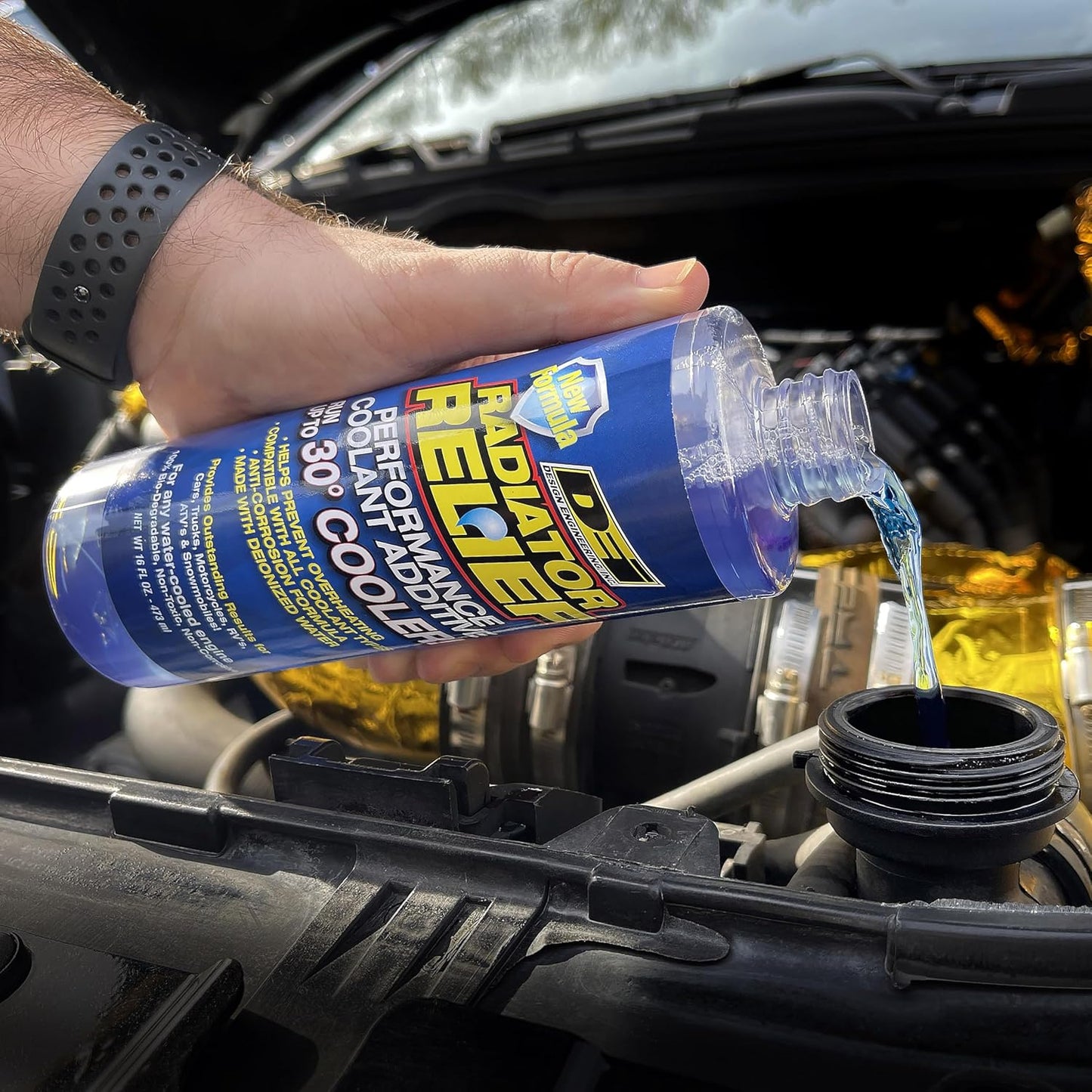 Design Engineering Radiator Relief Coolant Additive Engine Coolant for Cars, Trucks, RVs, Motorcycles & More Radiator Coolant Reduces Engine Temps Up to 30°F 16 oz.