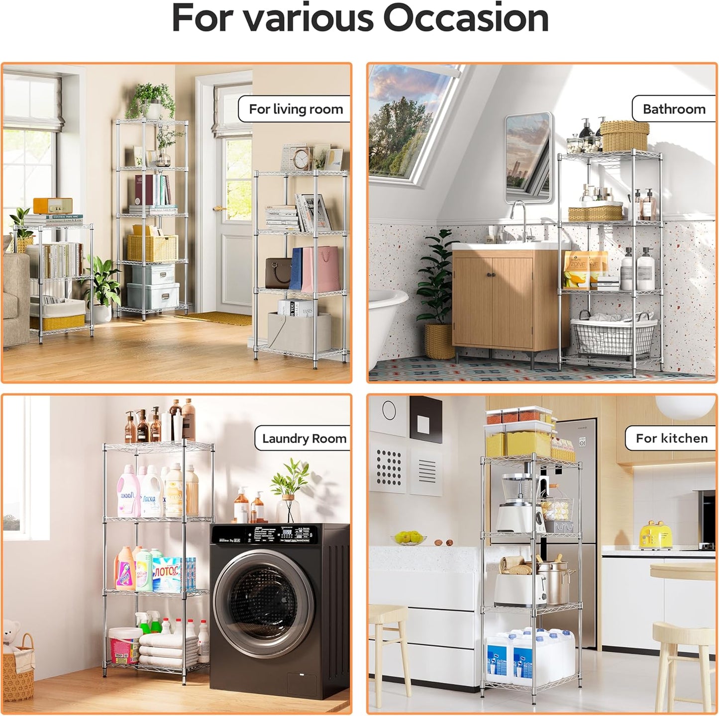 4 Tiers Shelf Metal Storage Shelves Wire Rack Closet Organizers with Wheel for Garage Kitchen Bathroom Laundry Chrome 11.8" D x 17.7" W x 41.9" H