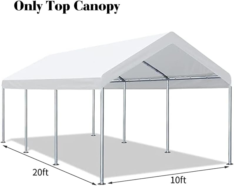 10'x20' Carport Replacement Top Canopy Cover for Car Garage Shelter Tent Party Tent with Ball Bungees White (Only Top Cover, Frame is not Included)